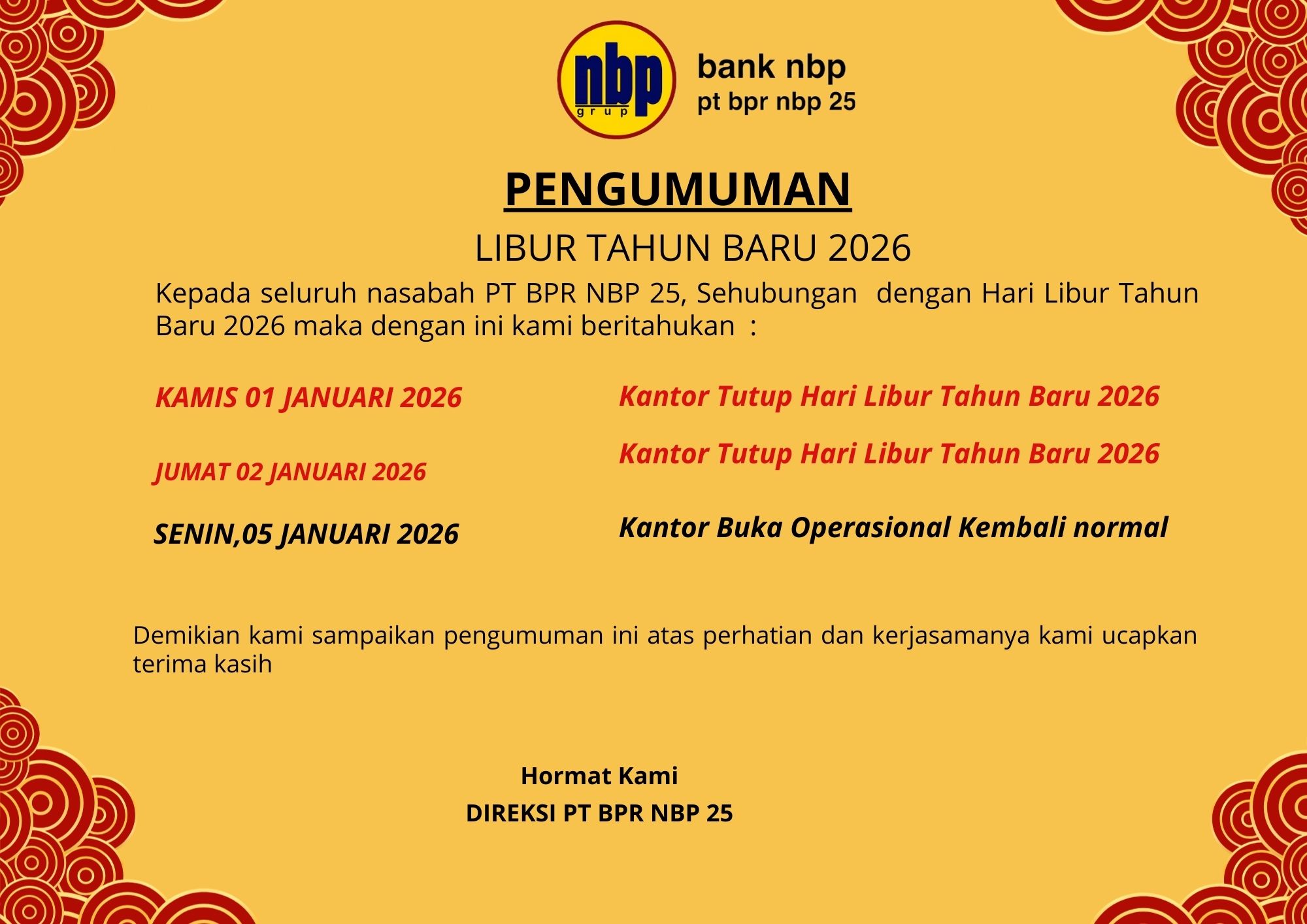 Pengumuman Kantor Tutup